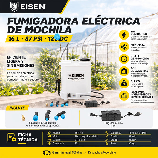 Fumigadora de Mochila Eléctrica 87PSI 16L 12V DC | Eisen
